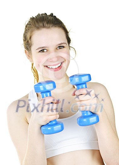Happy fit young woman working out with weights for fitness exercise Happy fit young woman working out with weights for fitness exercise