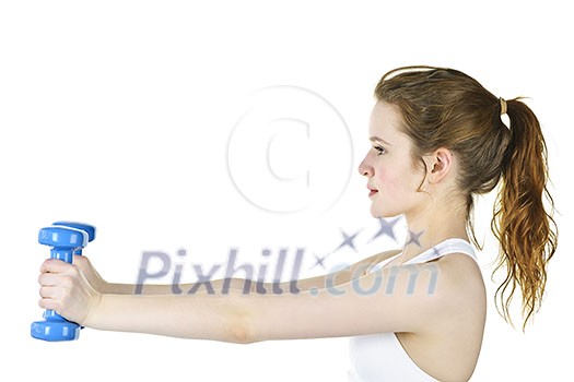 Determined healthy fit young woman lifting weights for fitness exercise Determined healthy fit young woman lifting weights for fitness exercise