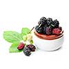 Ripe mulberry berries in a bowl on white background