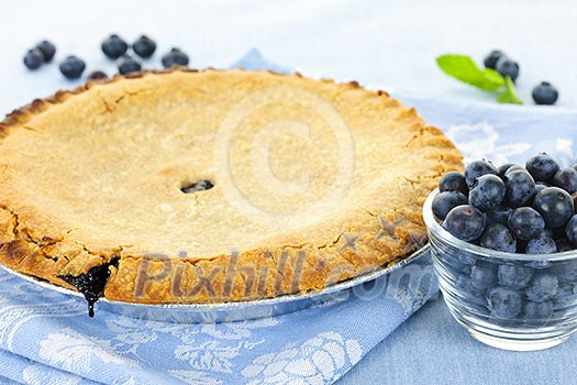 Whole baked blueberry pie with fresh blueberries Whole baked blueberry pie with fresh blueberries