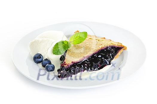 Plate with blueberry pie and vanilla ice cream isolated on white background Plate with blueberry pie and vanilla ice cream isolated on white background
