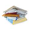 Printed paper publications stacked in a pile isolated on white
