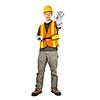 Male construction worker directing with hand signals in vest and hard hat
