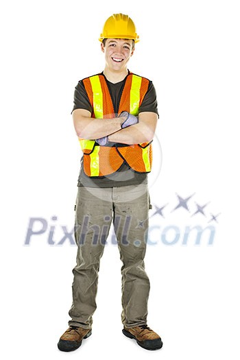 Smiling male construction worker in safety vest and hard hat Smiling male construction worker in safety vest and hard hat