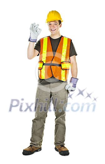 Smiling male construction worker showing okay sign standing isolated on white background Smiling male construction worker showing okay sign standing isolated on white background