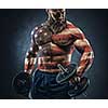 Power athletic bearded man in training pumping up muscles with dumbbell. The body is depicted an American flag. Concept: Captain America.