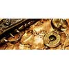 Old vintage retro compass and antique pistol on ancient world map. Vintage still life. Travel geography navigation concept background.
