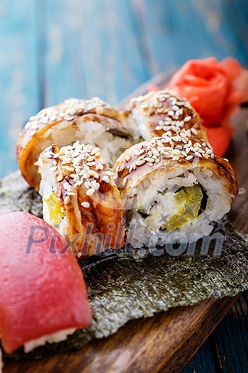 Sushi set on a wooden tray Sushi set on a wooden tray