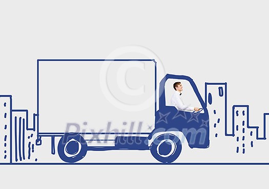 Young man driving drawn car. Imagination concept Young man driving drawn car. Imagination concept