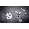 Young businessman flying in sky on drawn rocket