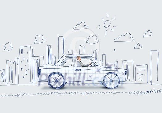 Young man driving car made of sheet of paper Young man driving car made of sheet of paper