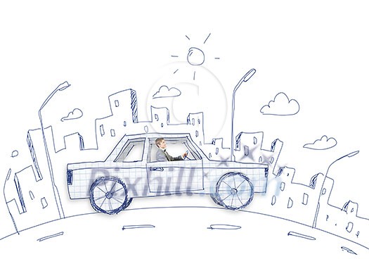 Young man driving car made of sheet of paper Young man driving car made of sheet of paper