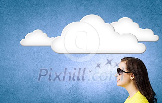 Young woman in casual with blank speech bubble above Young woman in casual with blank speech bubble above