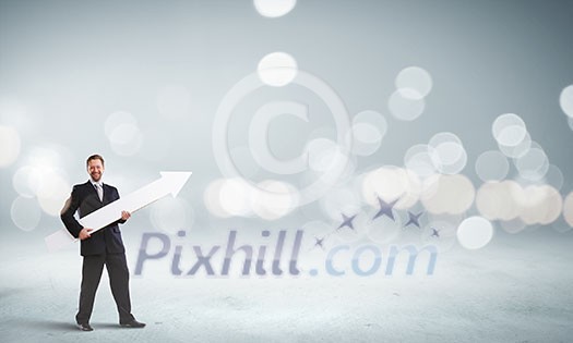 Businessman in suit with white blank arrow in hands Businessman in suit with white blank arrow in hands