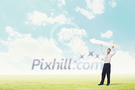 Businessman in suit with white blank arrow in hands Businessman in suit with white blank arrow in hands