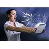 Young pretty surprised woman using tablet pc