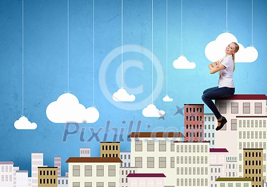 Young pretty girl sitting on building roof Young pretty girl sitting on building roof