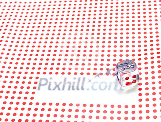 empty space for write and gambling dice on red dotted background empty space for write and gambling dice on red dotted background