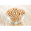 Dry raw organic chickpeas in small glass bowl