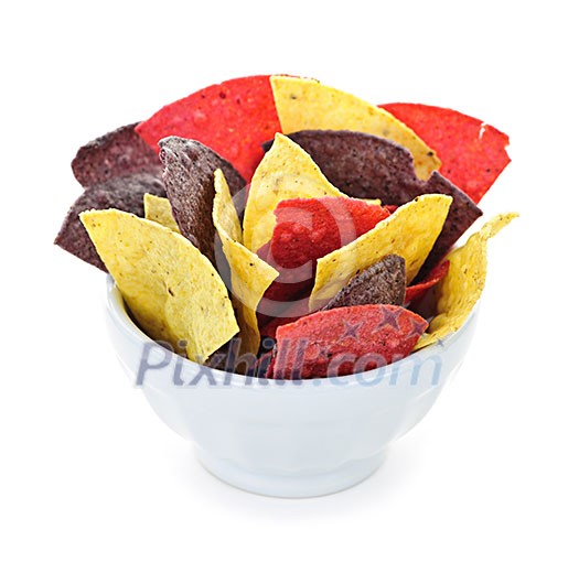 Bowl of colorful tortilla chips isolated on white background Bowl of colorful tortilla chips isolated on white background