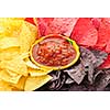 Bowl of salsa with colorful tortilla chips