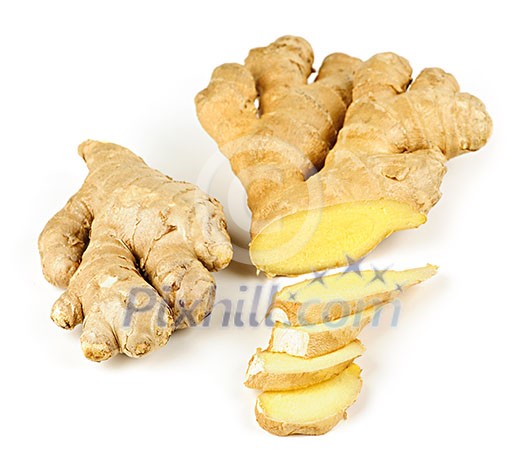 Sliced ginger root spice isolated on white background Sliced ginger root spice isolated on white background