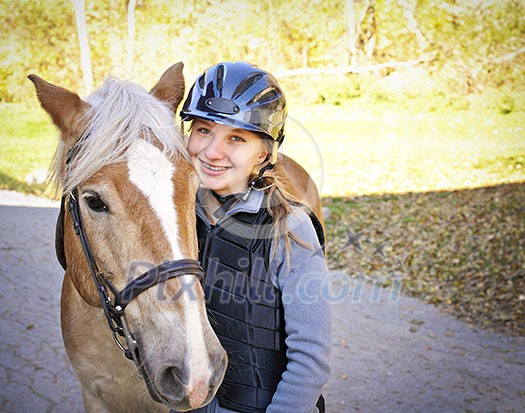 Portrait of teenage girl with horse outdoors on sunny day Portrait of teenage girl with horse outdoors on sunny day