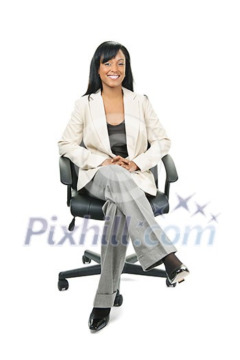 Young smiling black woman business manager sitting in leather office chair Young smiling black woman business manager sitting in leather office chair