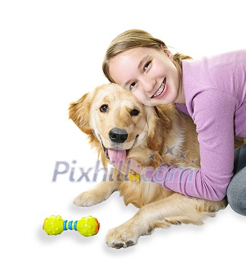 Teenage girl hugging golden retriever pet dog isolated on white background Teenage girl hugging golden retriever pet dog isolated on white background