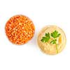 Red lentils and lentil hummus in bowls from above