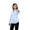 Smiling black woman pointing finger at camera isolated on white background