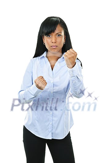 Fighting black woman showing fists isolated on white background Fighting black woman showing fists isolated on white background