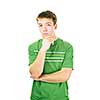 Thoughtful young man standing isolated on white background