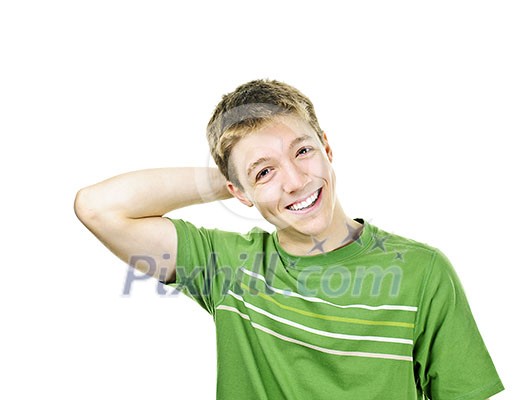Relaxed smiling young man with hand behind his head isolated on white Relaxed smiling young man with hand behind his head isolated on white