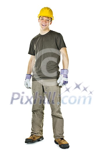 Happy construction worker with hard hat full body standing isolated on white background Happy construction worker with hard hat full body standing isolated on white background