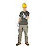 Smiling construction worker showing thumbs up isolated on white background