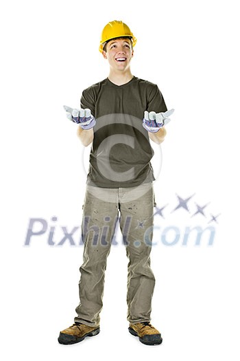 Young construction worker looking up shrugging isolated on white background Young construction worker looking up shrugging isolated on white background