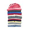 Stack of warm sweaters isolated on white background