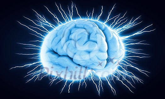 Concept of human intelligence with human brain on blue digital background Concept of human intelligence with human brain on blue digital background
