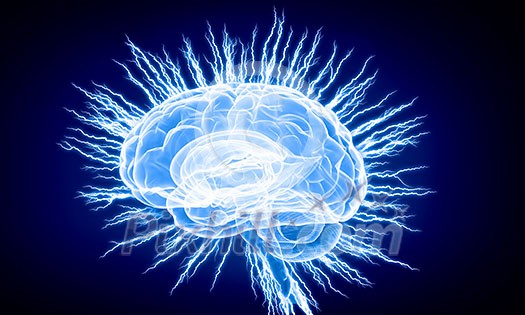 Concept of human intelligence with human brain on blue digital background Concept of human intelligence with human brain on blue digital background