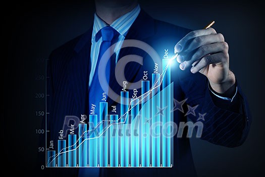 Close view of businessman drawing on screen market infographs Close view of businessman drawing on screen market infographs