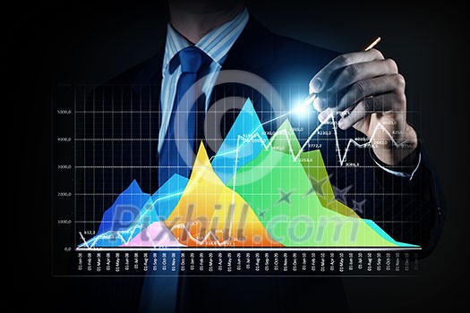 Close view of businessman drawing on screen market infographs Close view of businessman drawing on screen market infographs