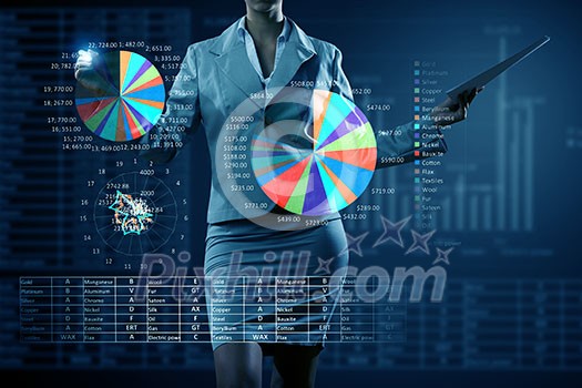 Close view of businesswoman drawing on screen market infographs
