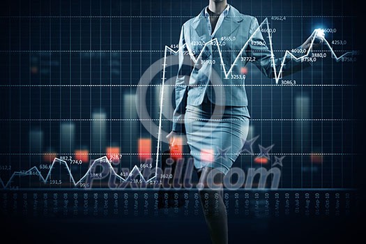 Close view of businesswoman drawing on screen market infographs Close view of businesswoman drawing on screen market infographs