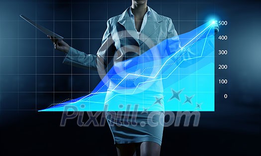 Close view of businesswoman drawing on screen market infographs Close view of businesswoman drawing on screen market infographs