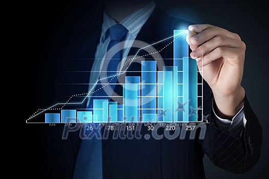Close view of businessman drawing on screen market infographs Close view of businessman drawing on screen market infographs