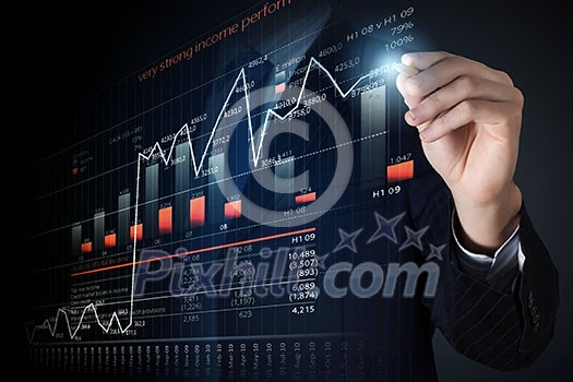 Close view of businessman drawing on screen market infographs Close view of businessman drawing on screen market infographs