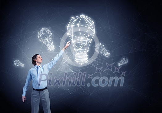 Businessman drawing connection lines with marker on screen Businessman drawing connection lines with marker on screen