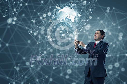 Businessman using his smartphone on background of connection lines Businessman using his smartphone on background of connection lines