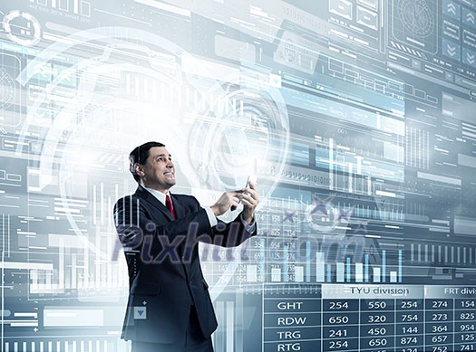 Businessman on digital futuristic background using his smartphone Businessman on digital futuristic background using his smartphone